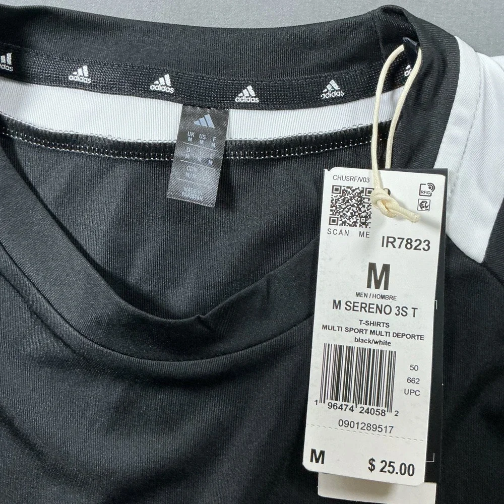 Adidas Mens Sereno 3S T-Shirt Black White AEROREADY Training Top IR7823 Size M